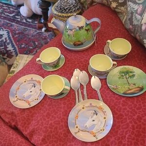 Children's Horse-Themed Tea Set Missing one Plate